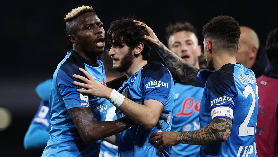 Il Napoli festeggia l'1-0 sull'Atalanta LAPRESSE 