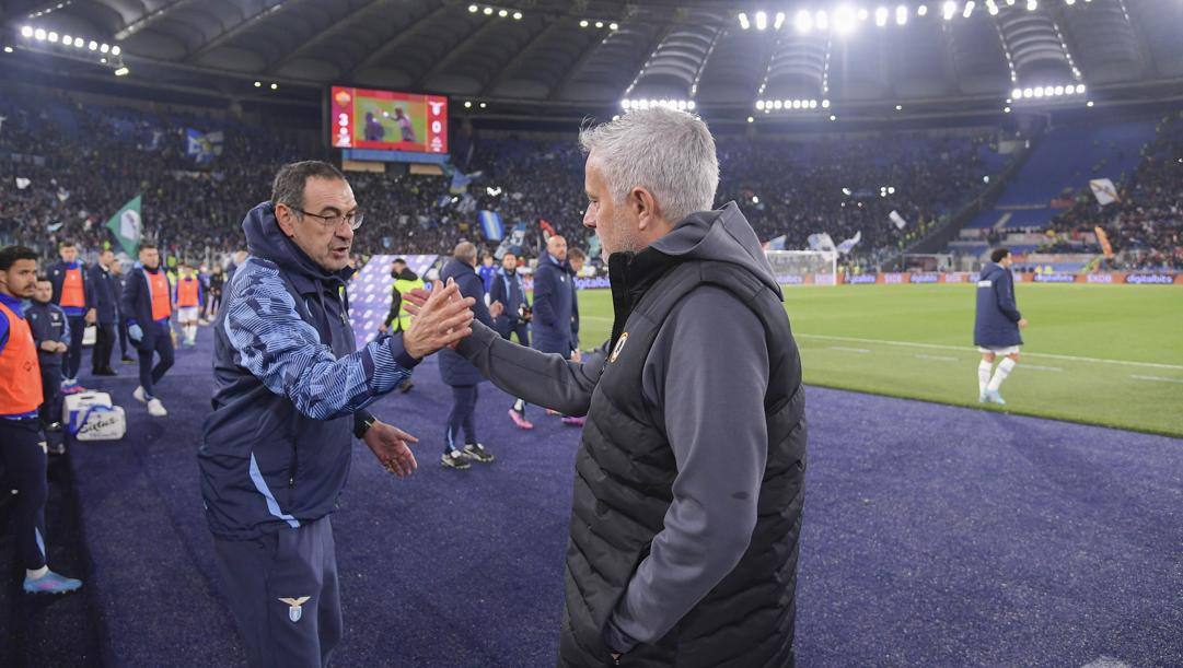 Sarri e Mourinho nel derby del 20 marzo 2022. Getty 